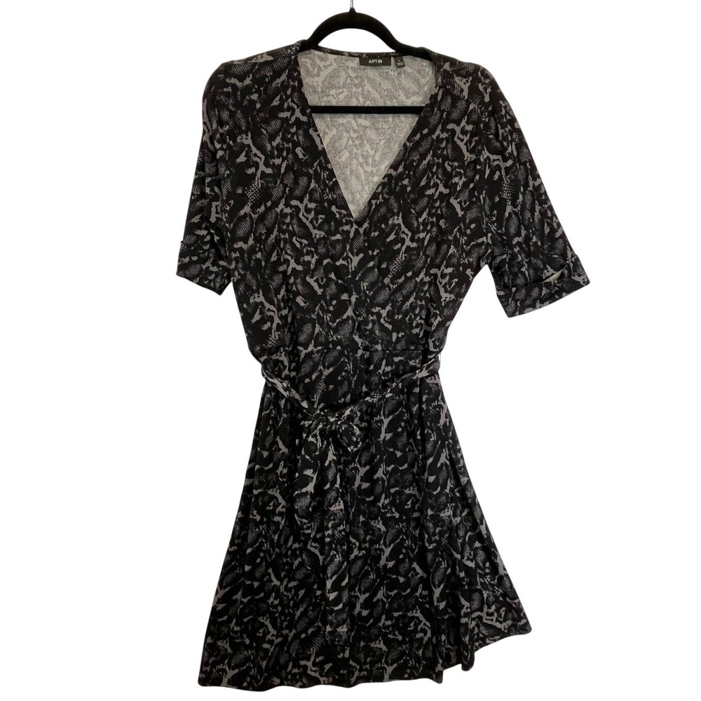 Apt. 9 Black & Gray Animal Print Faux Wrap Short Cuffed Sleeve Dress Size L